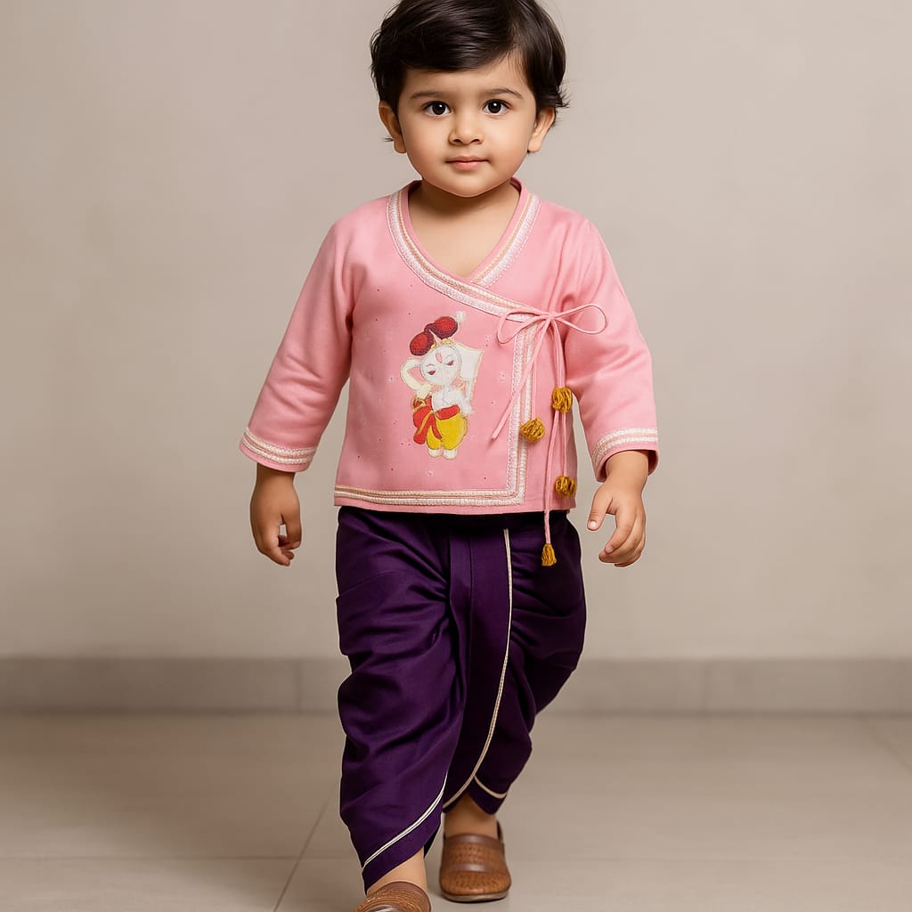 Pre Order: UNISEX Ganesh Embroidered Angarkha Style Peach Kurta And Dhoti