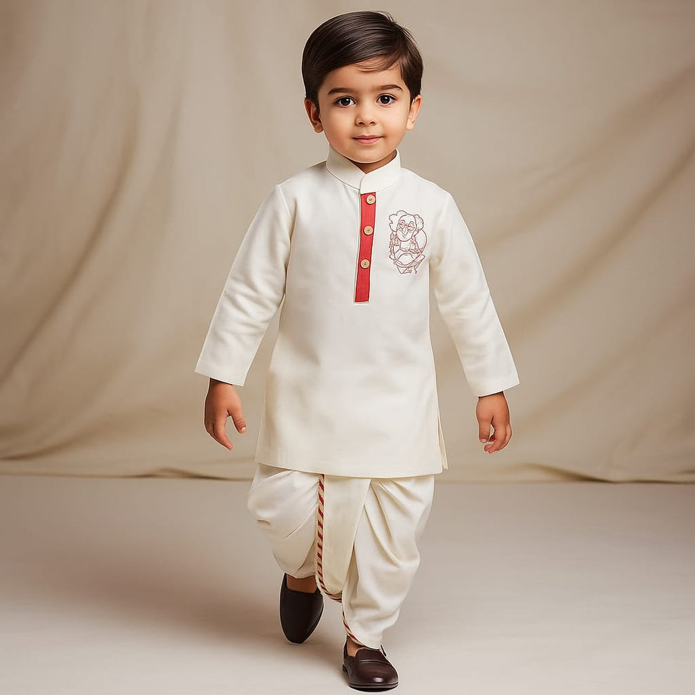 Pre Order: Ganesha Embroidered Off White Kurta And Dhoti