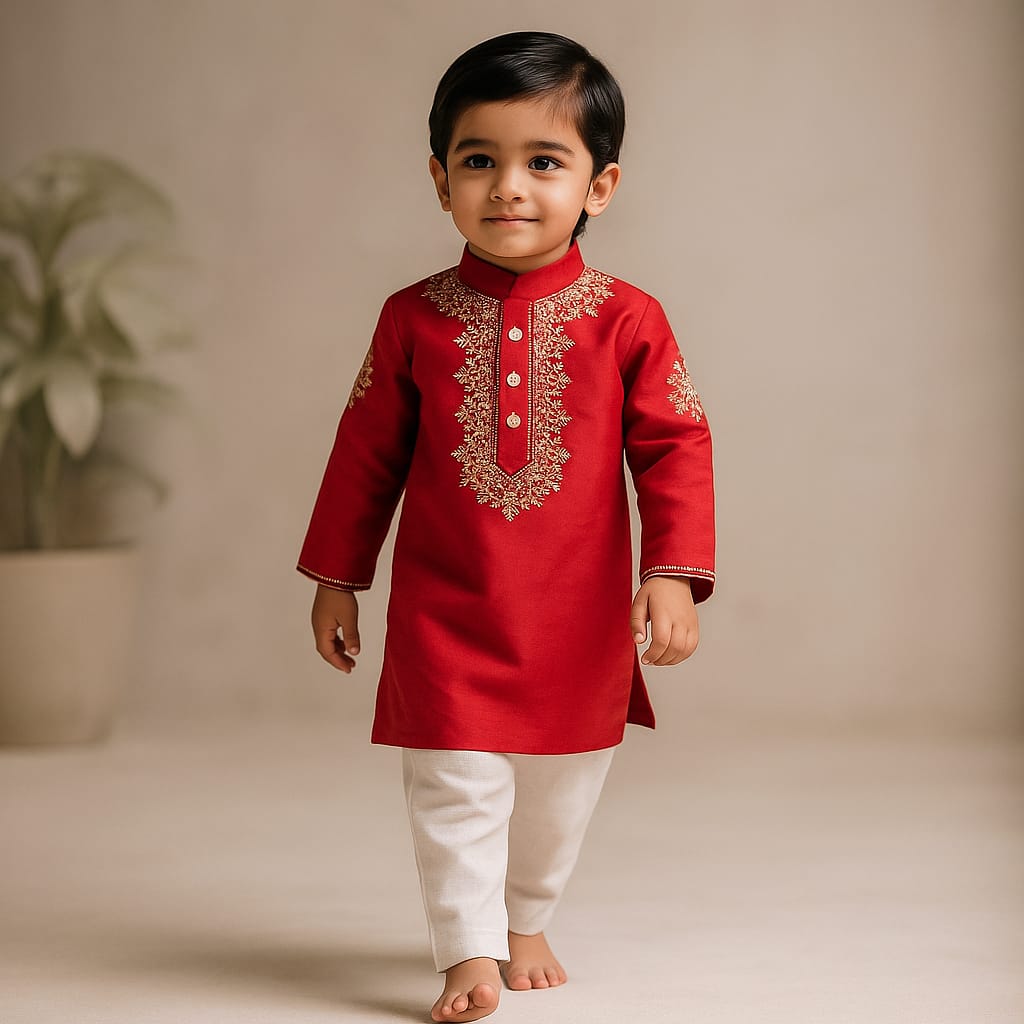 Pre Order: Embroidered Yoke Red Ethnic Kurta And Pyjama
