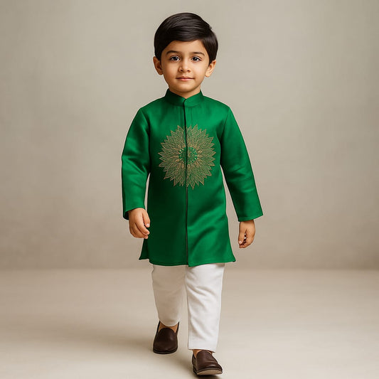 Pre Order: Green Embroidered Front Open Kurta With Pyjama