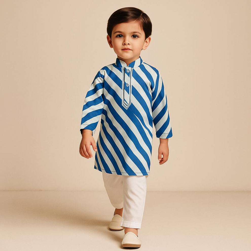 Pre Order: Striped Printed Blue Kurta And Pyjama