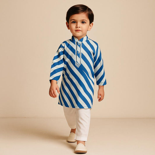 Pre Order: Striped Printed Blue Kurta And Pyjama