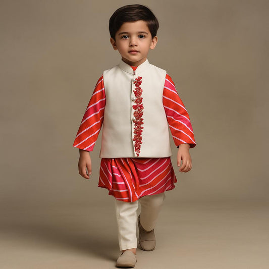 Pre Order: Leheriya Printed Stylish Kurta And Jacket With Pyjama