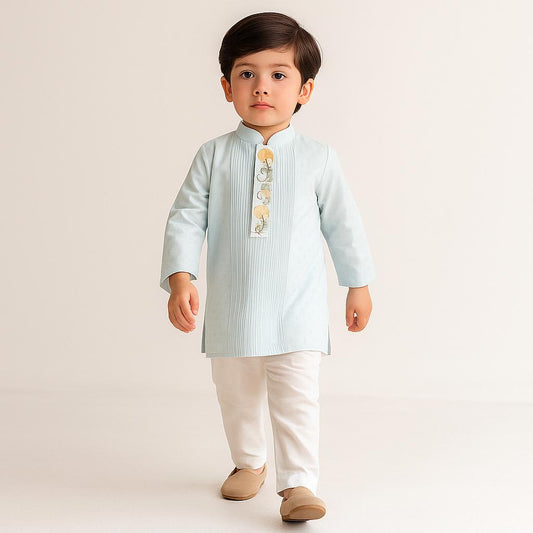 Priority Pre Order: Embroidered Blue Kurta With Pintucks And Pyjama