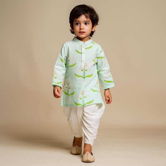 Pre Order: Floral Printed Green Kurta With Dhoti