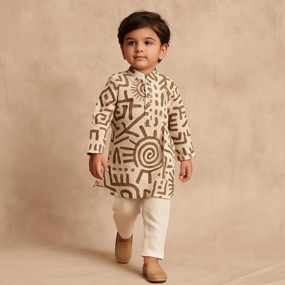 Pre Order: Printed Front One Side Pleated Kurta And Pyjama