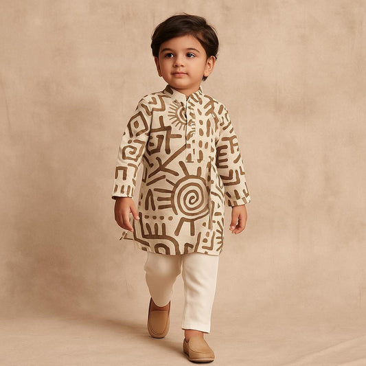 Pre Order: Printed Front One Side Pleated Kurta And Pyjama