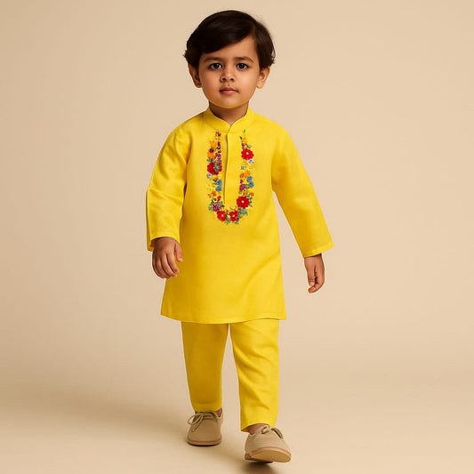 Pre Order: Floral Embroidered Yellow Kurta And Matching Pyjama