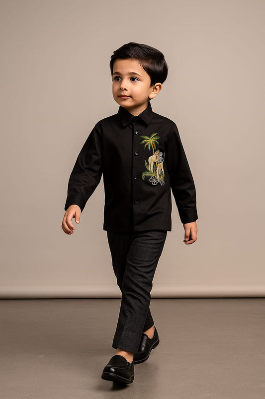 Pre Order: Jungle Theme Embroidered Black Shirt