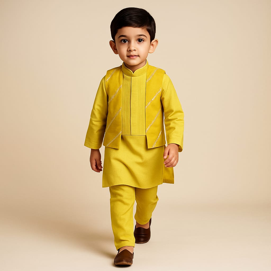 Pre Order: Mustard Kurta With Pin Tuck Jacket And Pyjama