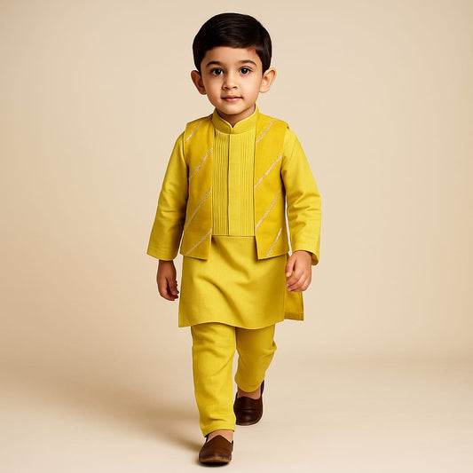 Pre Order: Mustard Kurta With Pin Tuck Jacket And Pyjama