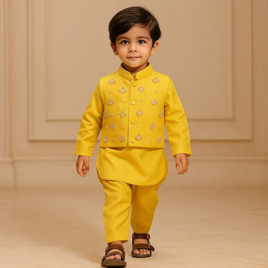 Pre Order: Collar-Neck Mustard Kurta With Embroidered Jacket And Pyjama