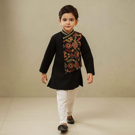 Pre Order: Black Kurta With Asymmetric Printed Jacket And Churidar