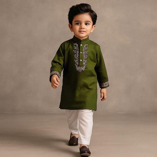 Pre Order: Olive Faux Mirror Work Kurta With Pyjama
