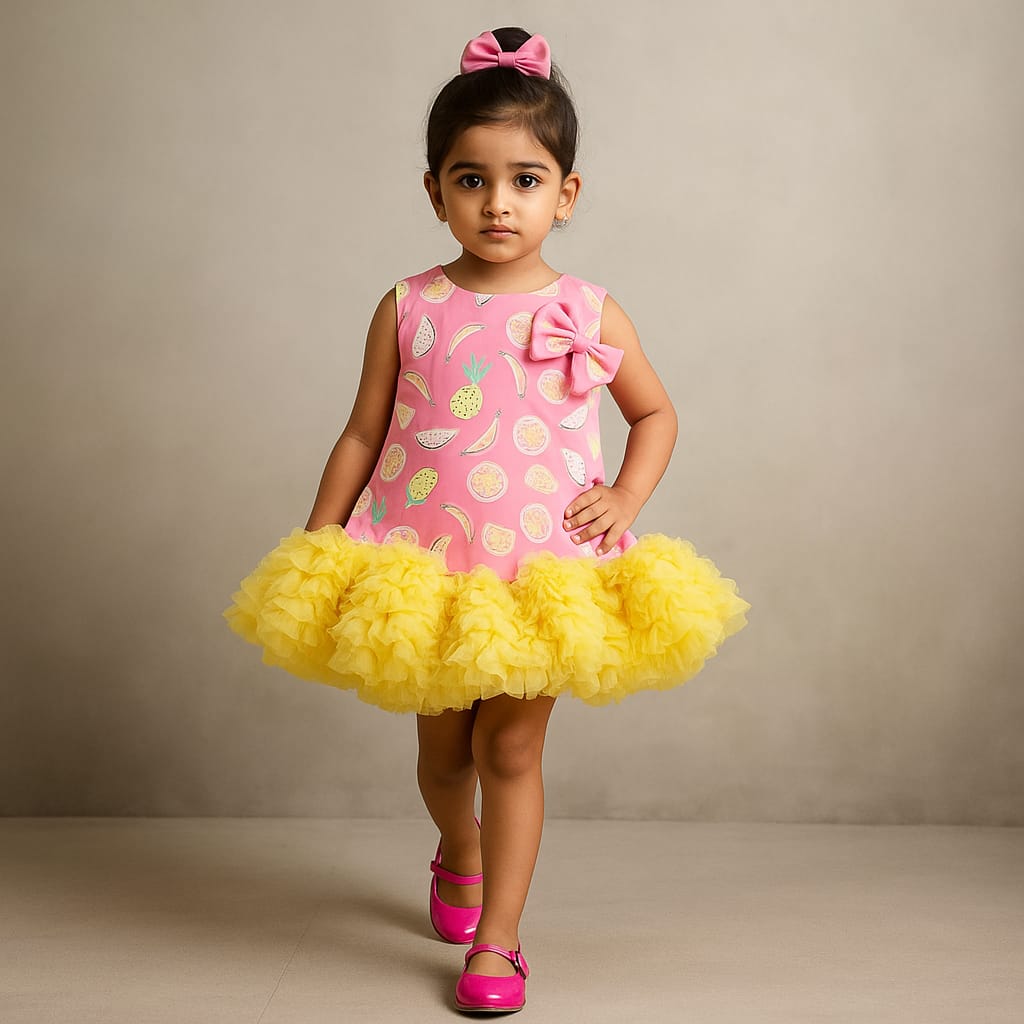 Pre Order: Fruit Printed Dual Tone Dress With Ruffle Hem