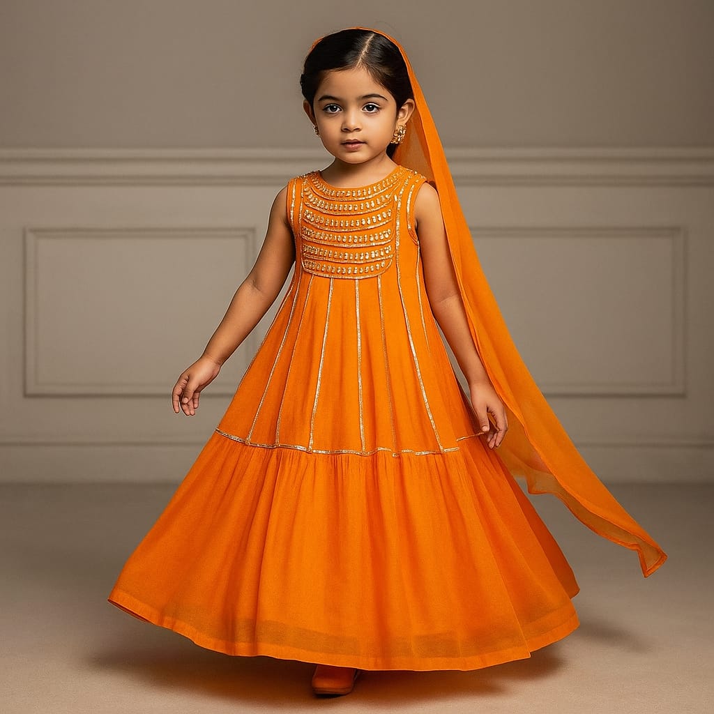Pre Order: Elegant Shiny Orange Flared Anarkali With Matching Dupatta