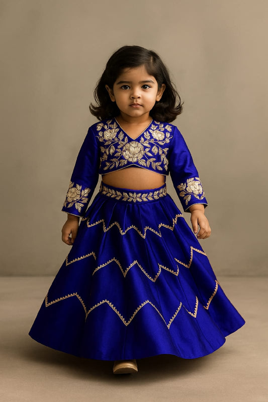 Pre Order: Blue Embroidered Top And Lehenga With Matching Net Dupatta