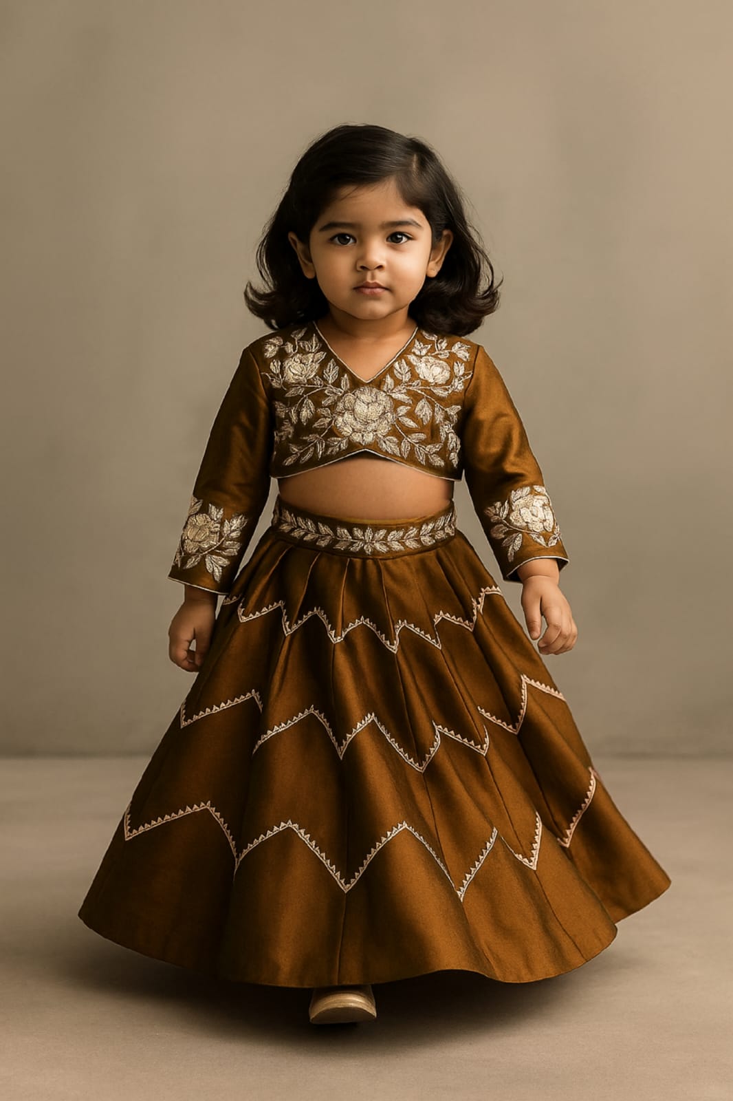 Pre Order: Brown Embroidered Top And Lehenga With Matching Net Dupatta