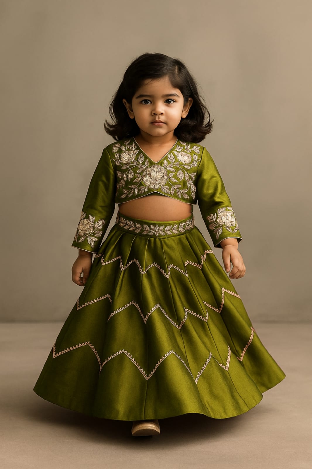 Pre Order: Mehendi Embroidered Top And Lehenga With Matching Net Dupatta