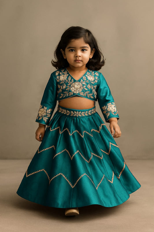 Pre Order: Rama Embroidered Top And Lehenga With Matching Net Dupatta