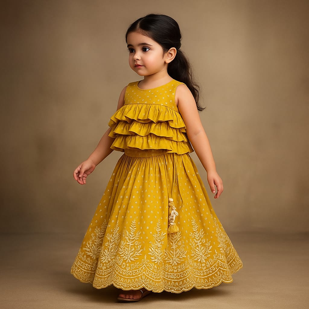 Pre Order: Chanderi Printed Mustard Ruffled Top And Embroidered Lehenga