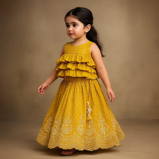 Pre Order: Chanderi Printed Mustard Ruffled Top And Embroidered Lehenga
