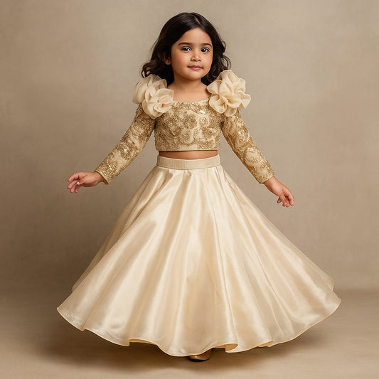 Pre Order: Embroidered Elegant Ruffle Detailed Top And Lehenga