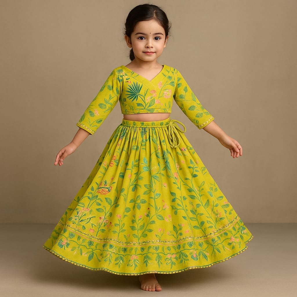 Pre Order: Green Multicolour Floral Printed Top And Lehenga