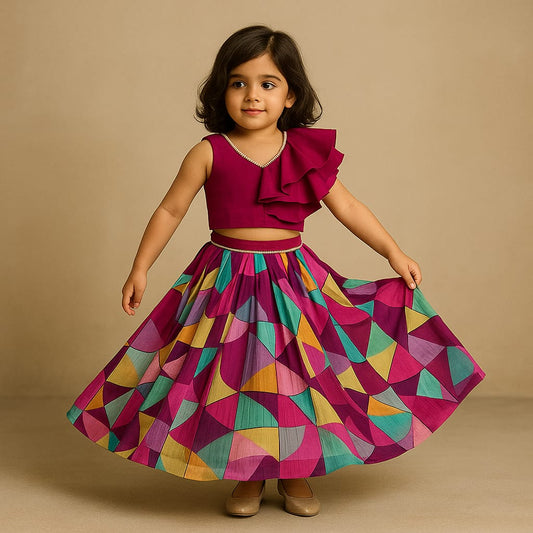 Pre Order: Lace And Ruffle Detailed Top With Multicolour Printed Lehenga