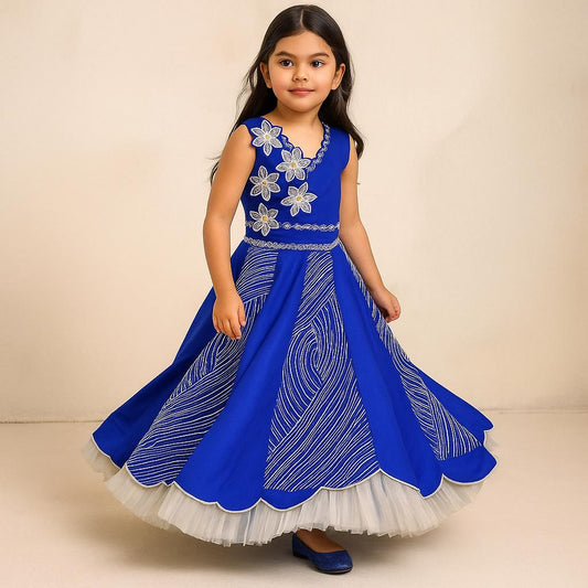 Pre Order: Blue Embroidery And Cut Work Flowers Embellished Top And Lehenga