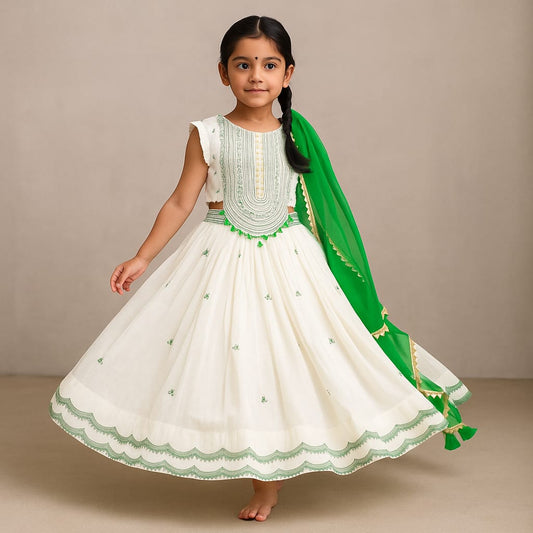 Pre Order: Off White Embroidered And Embellished Top With Lehenga And Dupatta