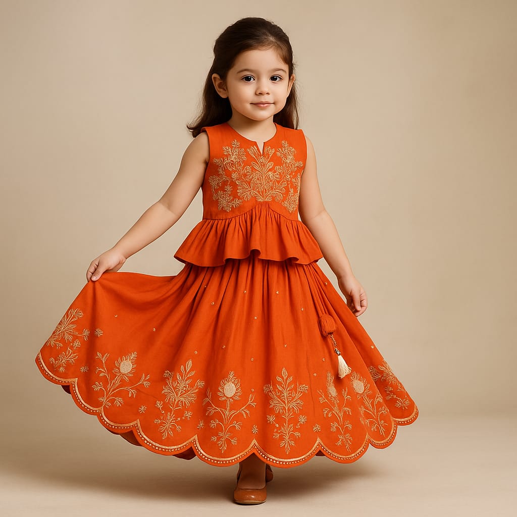Pre Order: Embroidered Stylish Orange Top And Pleated Lehenga