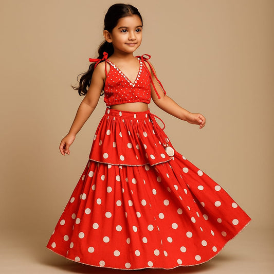 Pre Order: Dot Printed Tie Up Strap Top And Layered Lehenga