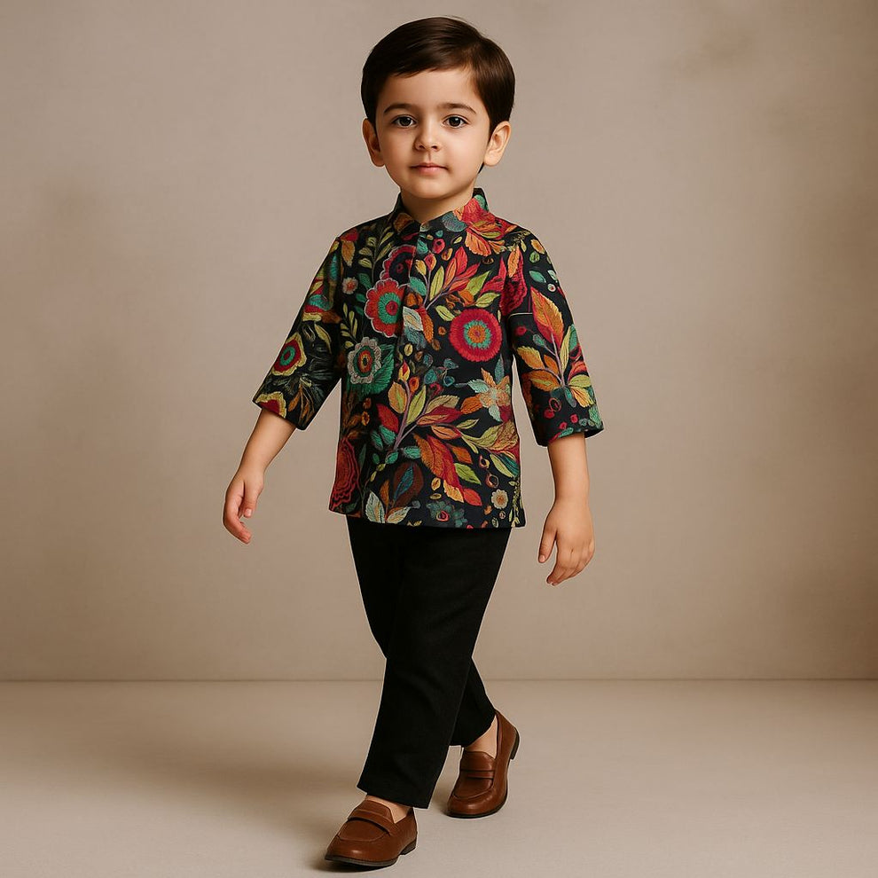Pre Order: Multicolour Floral Printed Kurta And Black Pyjama