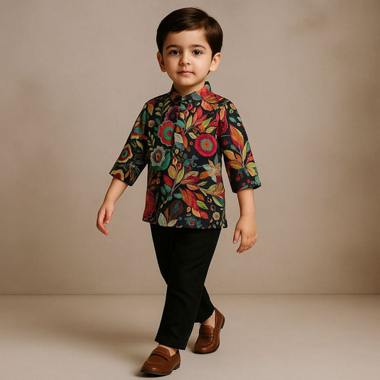 Pre Order: Multicolour Floral Printed Kurta And Black Pyjama