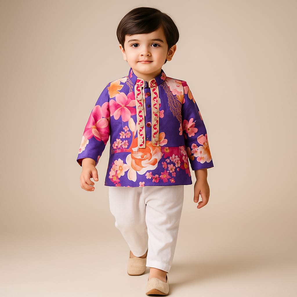 Pre Order: Purple Printed Kurta With Jacket And Pyjama