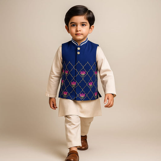 Pre Order: Kurta And Floral Thread Embroidered Jacket With Pyjama