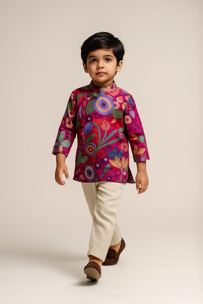 Pre Order: Multicolour Printed Asymmetrical Hem Kurta And Pyjama