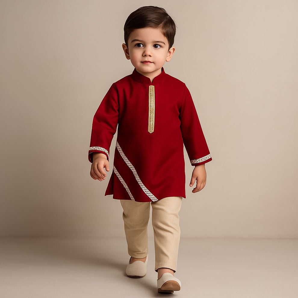 Pre Order: Faux Mirror Lace Detail Red Kurta And Pyjama