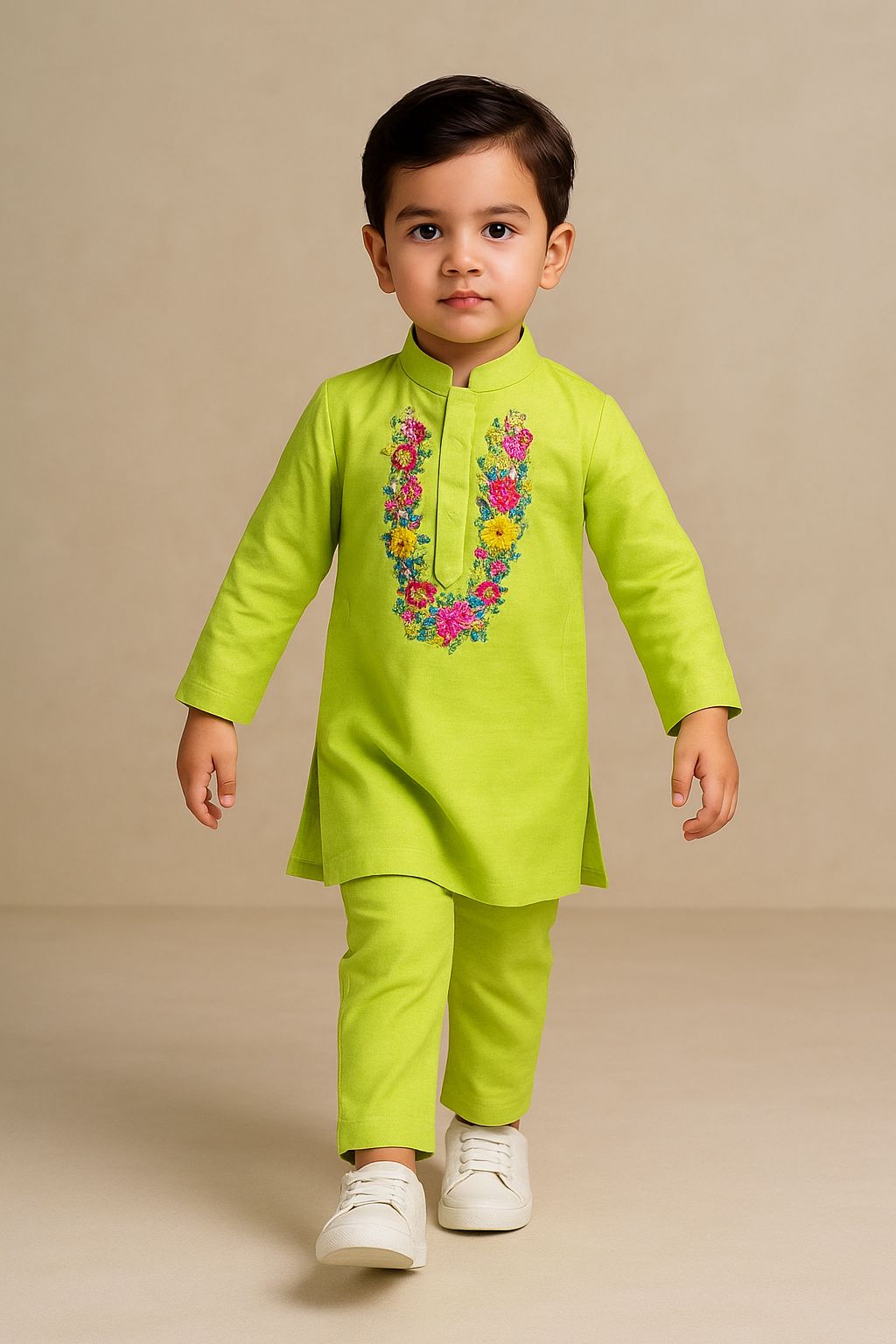 Pre Order: Floral Embroidered Green Kurta And Matching Pyjama