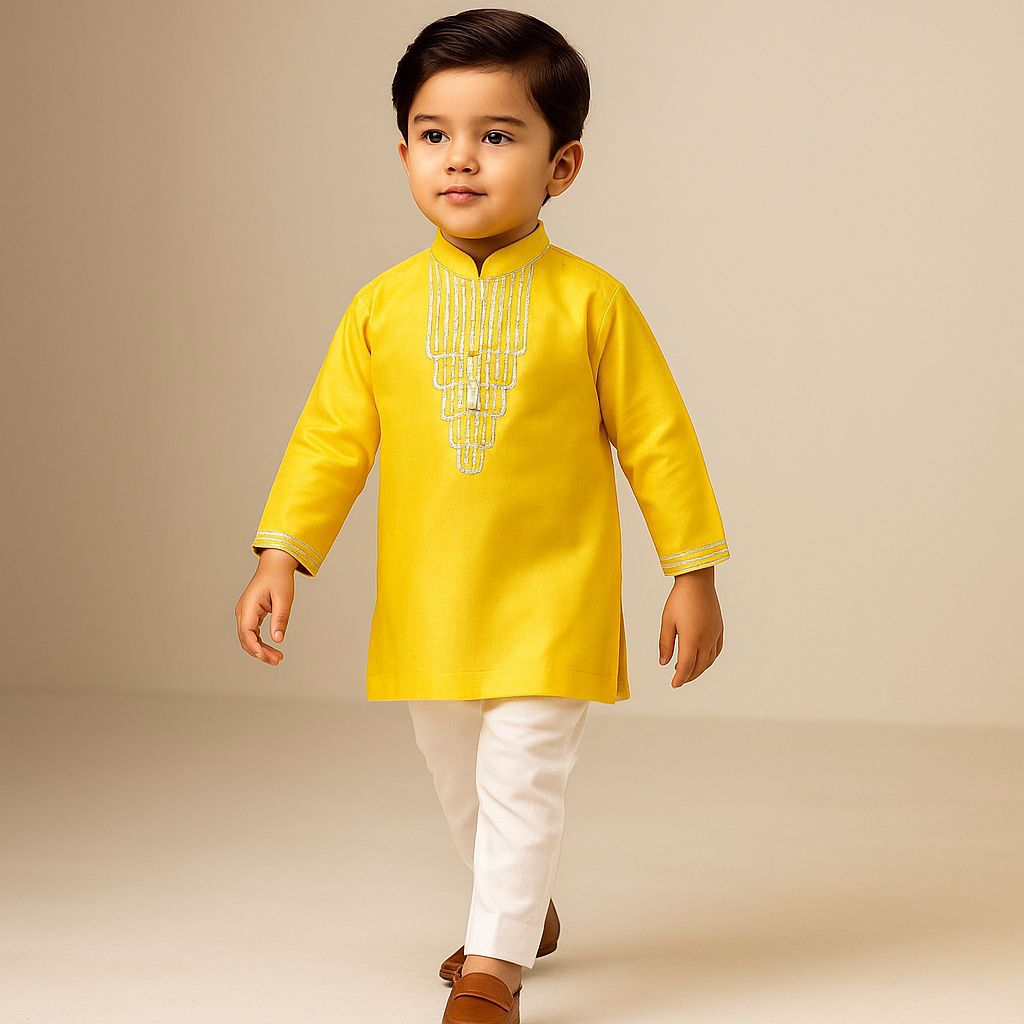 Pre Order: Yellow Mandarin Collar Kurta And Off White Pyjama