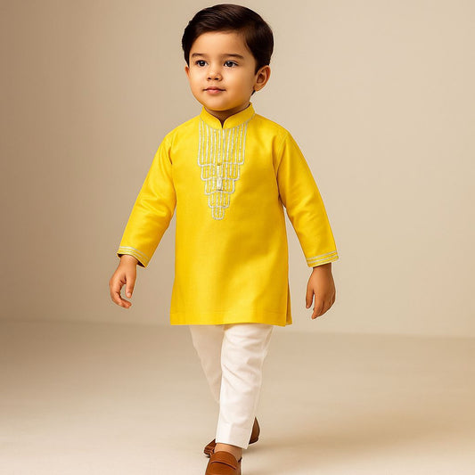 Pre Order: Yellow Mandarin Collar Kurta And Off White Pyjama