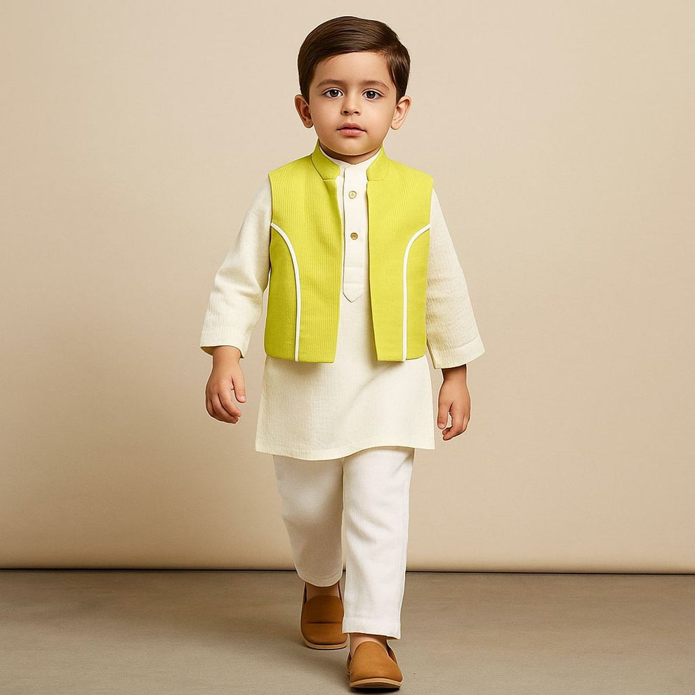 Pre Order: Cotton Cream Kurta With Green Jacket And Pocket Detail Pyjama