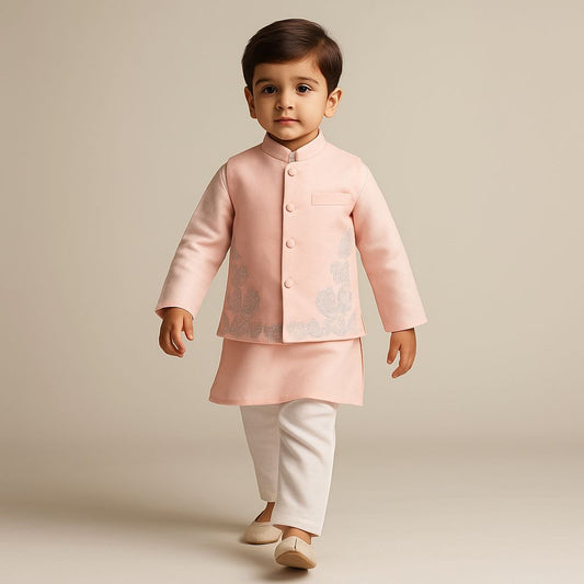 Pre Order: Peach Kurta And Embroidered Jacket With Pyjama