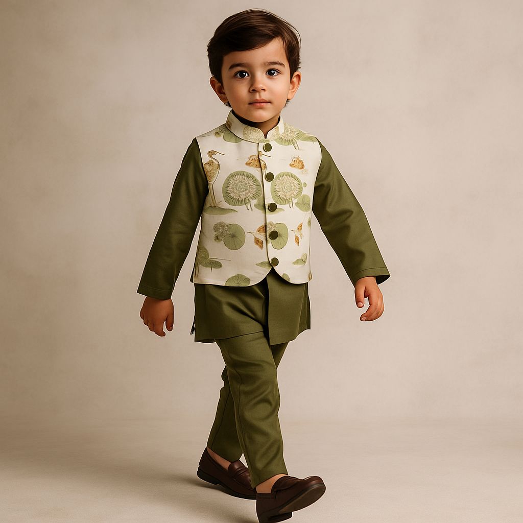 Pre Order: Green Kurta And Printed Jacket With Pyjama