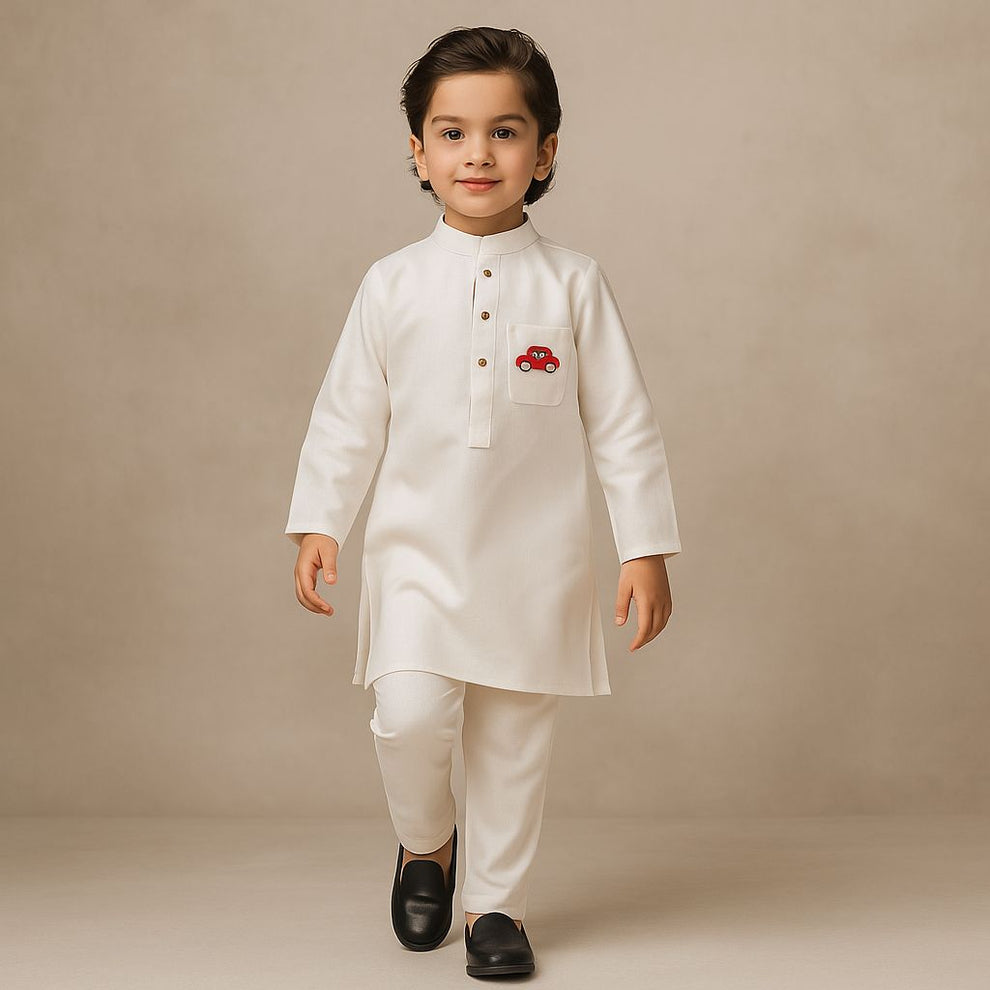 Pre Order: Car Embroidered Patch Pocket Detail White Kurta