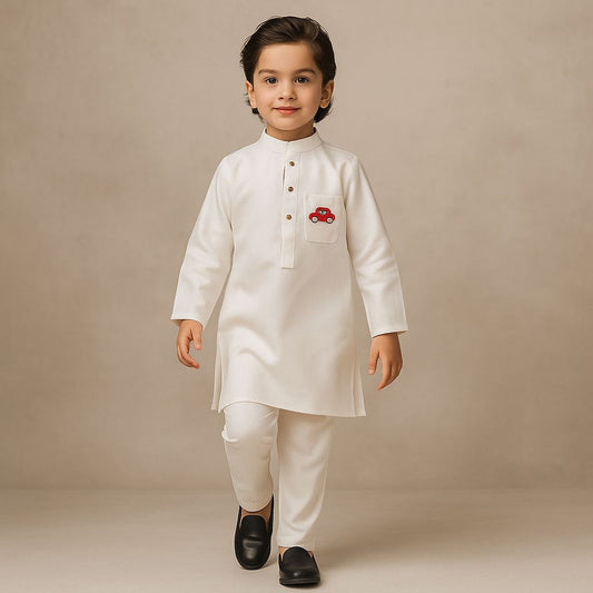 Pre Order: Car Embroidered Patch Pocket Detail White Kurta