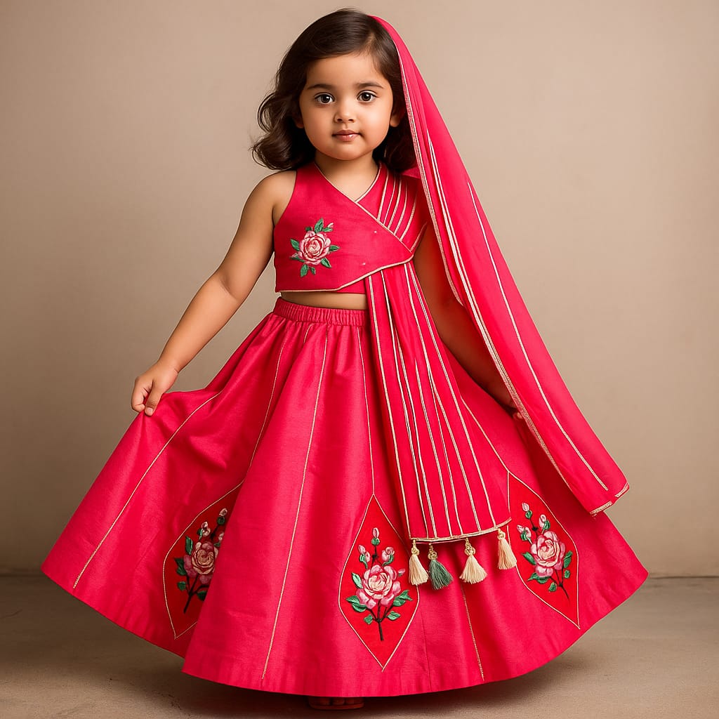 Pre Order: Pink Floral Embroidered Top With Attached Pleated Dupatta And Lehenga