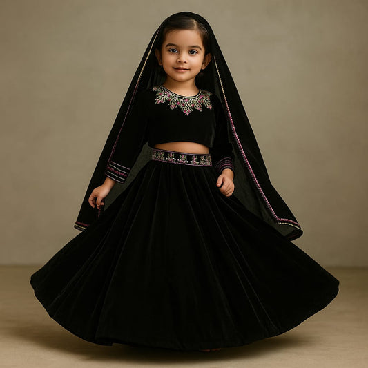 Pre Order: Black Embellished Top With Attached Dupatta And Lehenga