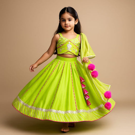 Pre Order: Green Embroidered Strappy Top And Lehenga With Dupatta
